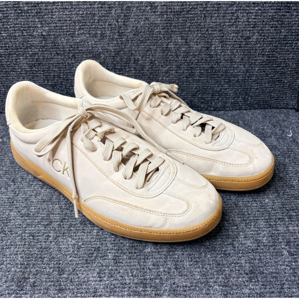 Calvin Klein Mens Cream Low Top Sneakers Gum Sole Gold CK Logo Size 10.5 US